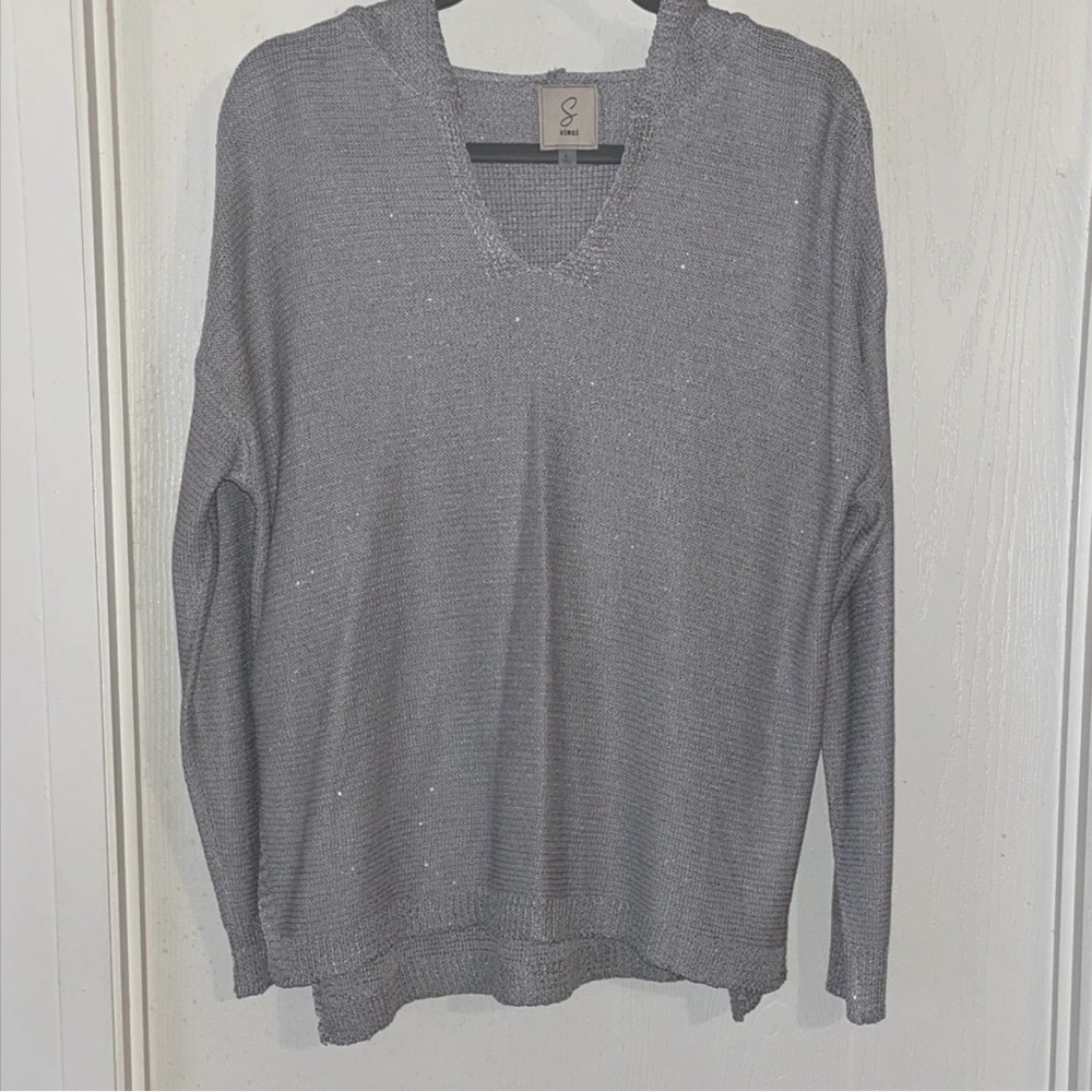 Sioni Silver Gray Sparkly Knit V-Neck Hooded Sweater large